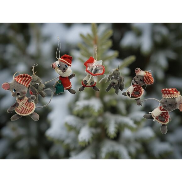 vintage 1950s set of 7 flocked mice christmas ornaments - Picture 3 of 8